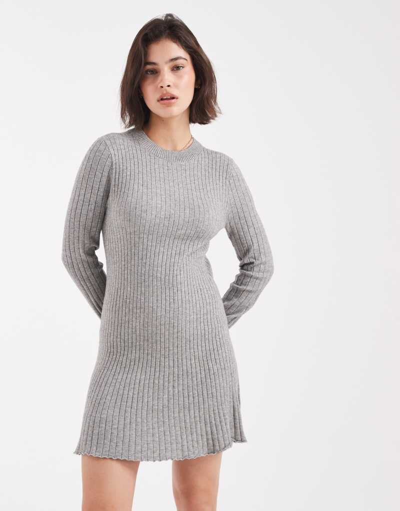 Trend gri renkli örgü ribana mini elbise