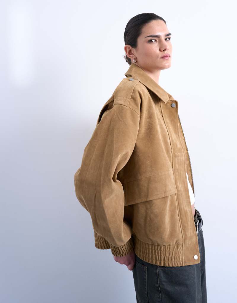 Trend suni süet oversize bomber ceket, bej rengi.